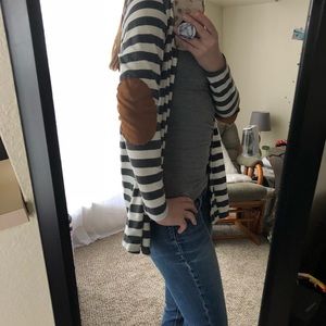 Elbow patch grey striped cardigan